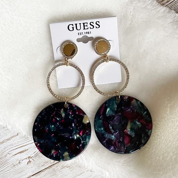 GUESS Triple Round Oversized Dangle Drop Earrings Gold Tone Pave Black New - Picture 2 of 7